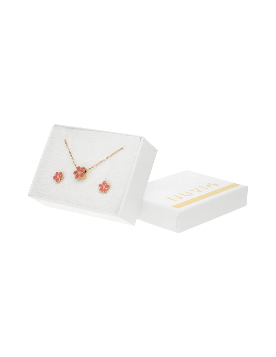 Collar y Aretes NUVI Flor Rosa