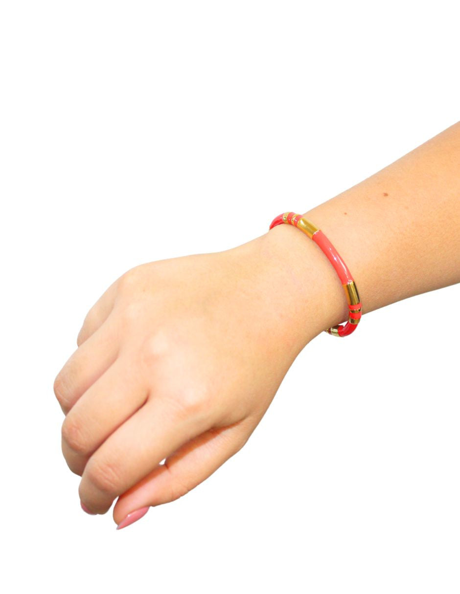 Brazalete Ceramica Roja Detalles Dorado