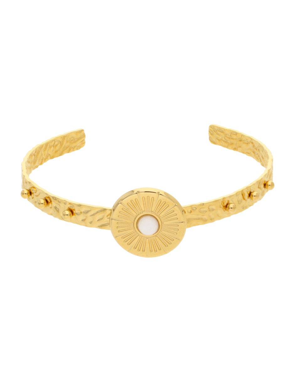 Brazalete Redondo Piedrita Blanca y bolitas Doradas