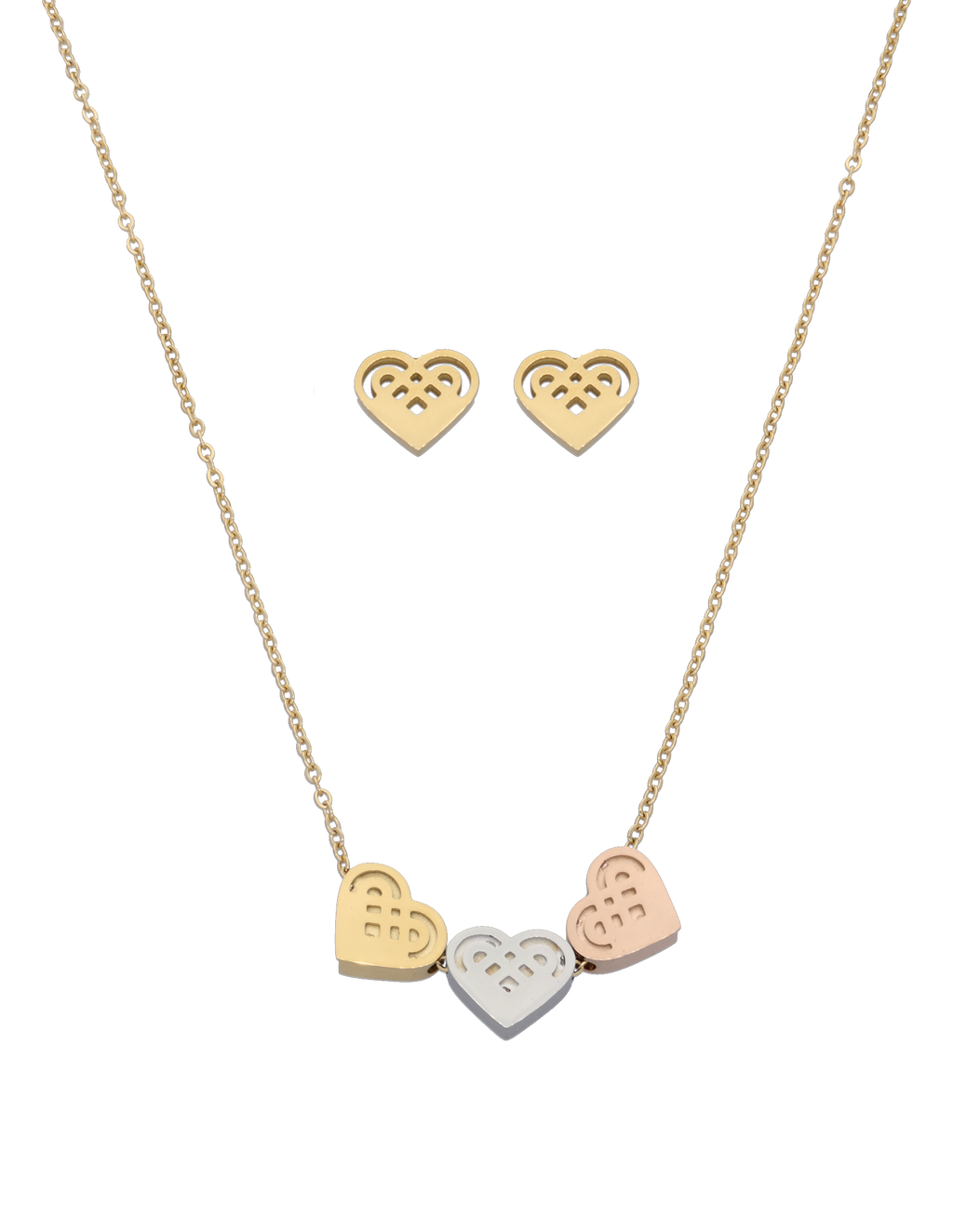 Collar y Aretes NUVI 3 Corazones Tricolor