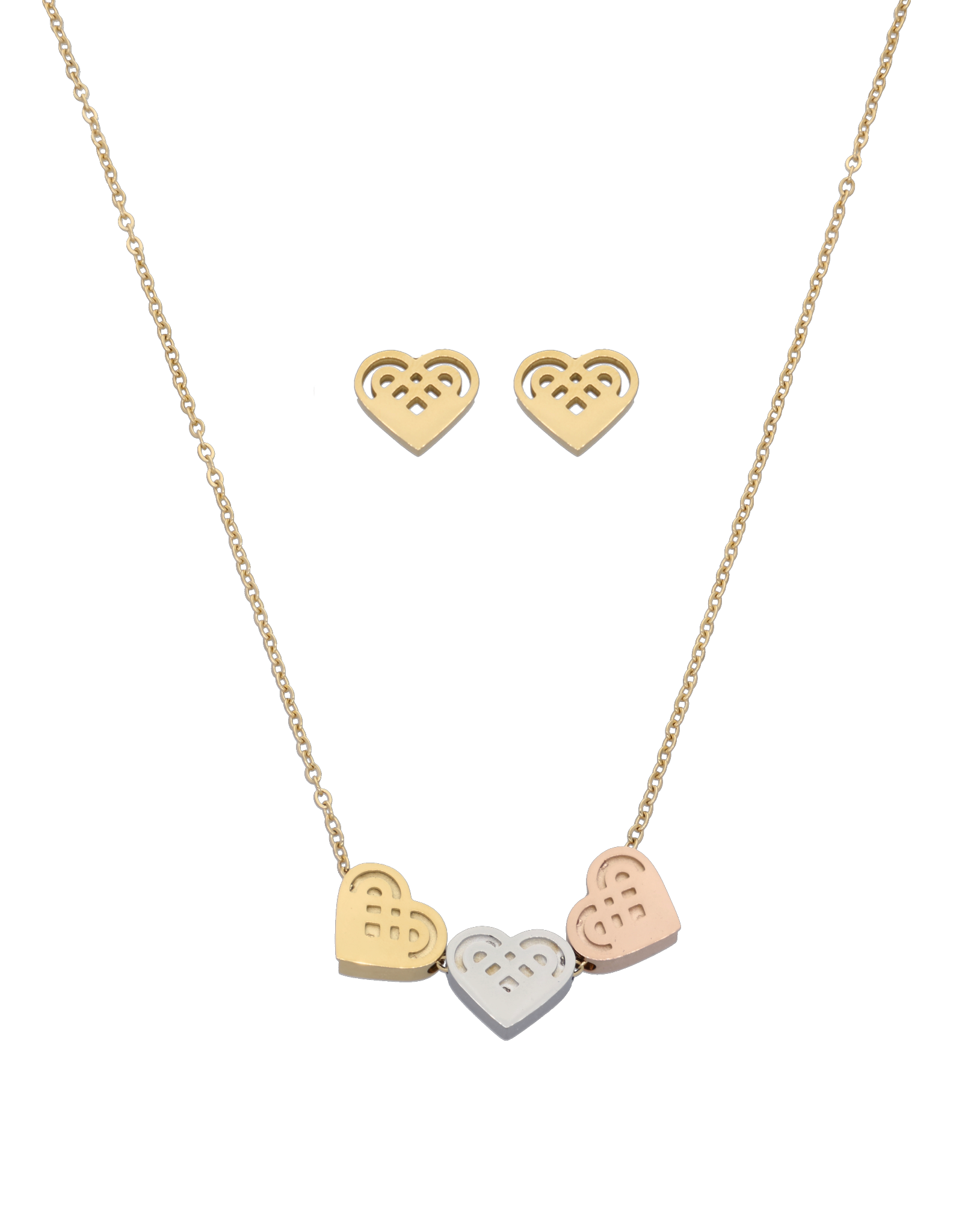 Collar y Aretes NUVI 3 Corazones Tricolor