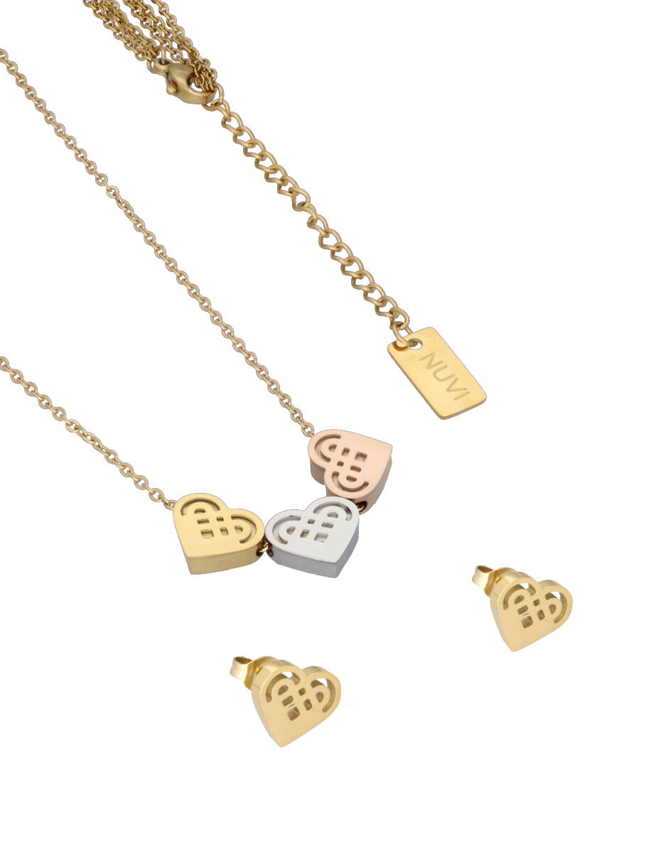 Collar y Aretes NUVI 3 Corazones Tricolor