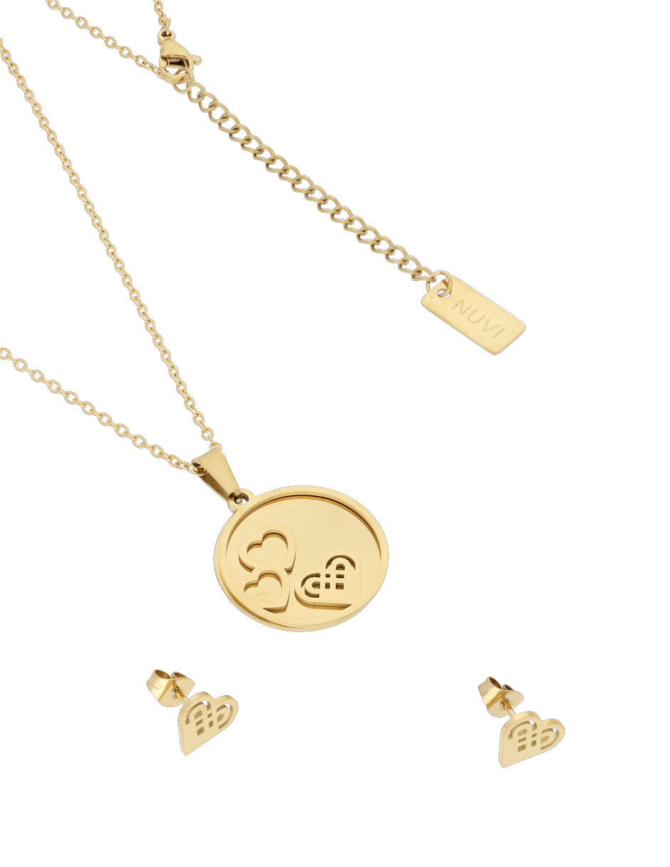 Collar y Aretes NUVI Redondo 3 Corazones Dorado